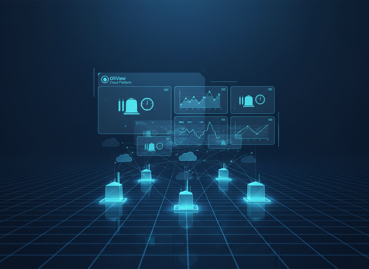A highly detailed dashboard visualization representing the OilView Cloud platform, shown as a floating transparent interface above an abstract dark blue grid landscape. Various tank icons, simple gauges, and clean line charts glow in cyan and white, arranged in an organized, modular layout with no actual words or numbers. Subtle cloud silhouettes and network connection lines rise from stylized industrial tanks at the bottom of the frame into the dashboard layer, symbolizing real-time monitoring. The scene is lit with a cool, futuristic glow, creating gentle reflections on the virtual surfaces. Shot straight-on with sharp focus throughout, the composition has a clean, modern B2B aesthetic that communicates clarity, control, and advanced remote monitoring capabilities.