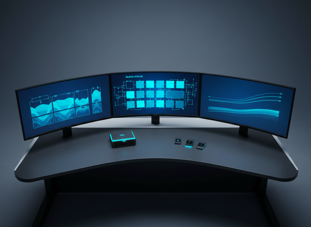 A photographic overhead view of a modern control room desk in anthracite and matte white, featuring three ultra-wide monitors displaying abstracted tank level dashboards, alarm status tiles, and trending curves, all in dark blue and cyan tones without legible text. A compact industrial IoT gateway and a few neatly arranged sensor devices rest on the desk surface, their status LEDs softly glowing. The room is illuminated by cool, even studio lighting with subtle reflections on the monitor bezels, while the background walls remain slightly darker to focus attention on the screens. The atmosphere is calm, professional and analytical, conveying real-time insight and secure remote monitoring for industrial operations.