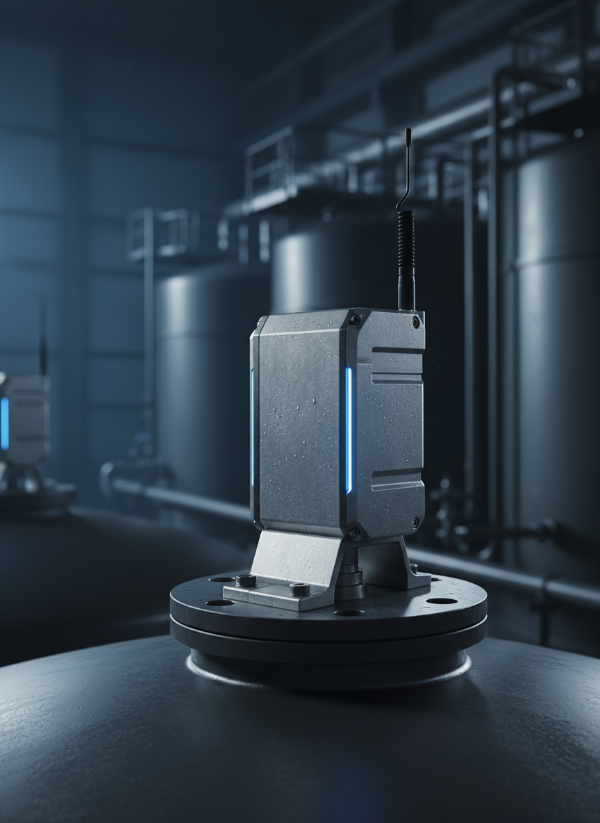 A close-up, photographic realism image of a rugged IoT tank level sensor mounted on the top flange of a large, anthracite-colored industrial tank. The sensor housing is brushed metal with subtle blue LED accents and a compact antenna, beading of moisture visible on its surface for texture. In the blurred background, additional tanks and industrial piping recede into a dark blue, softly lit plant environment. Cool, directional lighting from the side casts crisp highlights along the metal edges and gentle shadows around the mounting bracket. The mood is precise, reliable and engineered, with an eye-level composition that emphasizes build quality, durability and Made in Germany precision without any branding or text in the frame.