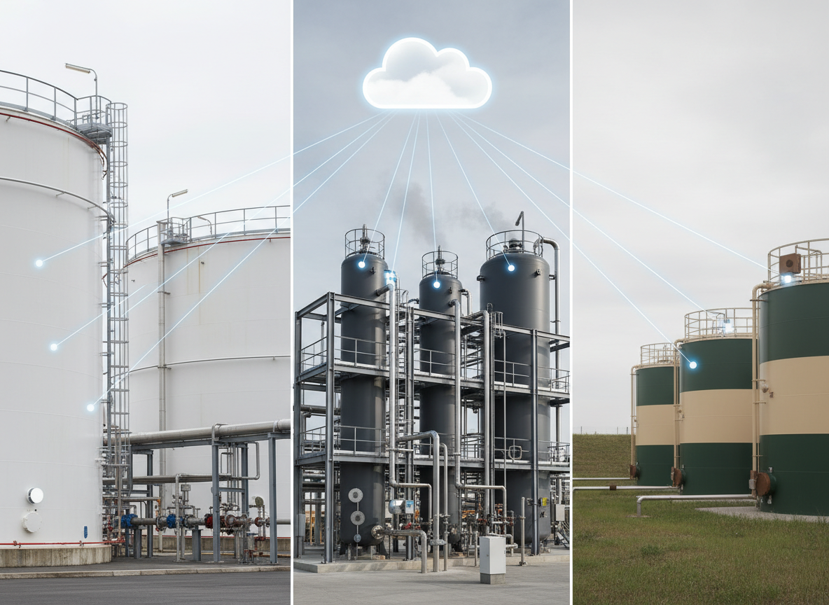 A clean, photographic split-scene composition illustrating different industries served by tank and level monitoring: on the left, a fuel depot with large white vertical tanks and piping; in the center, a compact chemical process plant with anthracite vessels and stainless-steel lines; on the right, an agricultural storage site with horizontal tanks under a cloudy sky. Discreet IoT sensors are visible on each type of tank, all interconnected by semi-transparent glowing blue lines leading upward into a stylized cloud icon hovering above. Soft overcast lighting creates gentle, realistic shadows and balanced exposure. The mood is reliable and solution-focused, with crisp detail and a slightly elevated angle tying the diverse sectors into one coherent, modern Industry 4.0 narrative.