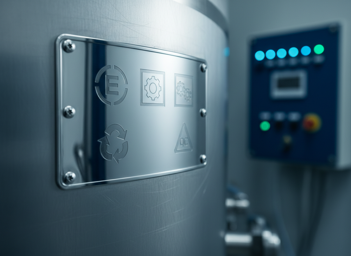 A photographic close-up of a polished metal nameplate mounted on an industrial tank, engraved with generic certification and compliance symbols depicted as icons without readable text. Around the nameplate, the tank’s brushed steel surface shows fine machining lines and cool reflections. In the soft-focus background, a hint of a dark blue control panel with glowing indicator lights suggests a high-tech environment. The scene is lit with cool, diffused studio lighting from above, emphasizing the engravings and giving the metal a premium sheen. The composition is tightly framed, almost macro, creating a mood of trust, quality assurance, and rigorous German engineering standards, ideal for a certifications or quality section of the website.