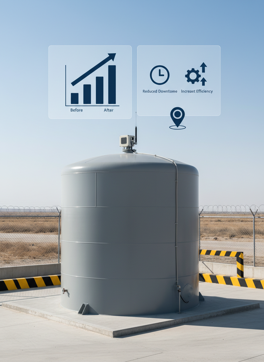 A photographic realism case-study style image of a single prominent fuel storage tank positioned in a neat, fenced facility, with a discreet IoT sensor and antenna unit mounted on top. Above and beside the tank, semi-transparent infographic-style overlays show before-and-after abstract charts, simple icons for reduced downtime and increased efficiency, and a minimal map marker symbol, all in dark blue and white without words. The setting is captured under clear, soft daylight with balanced contrast, revealing surrounding safety barriers and clean pavement. Shot from a slightly elevated three-quarter angle, the image feels factual, trustworthy and outcome-focused, perfect for illustrating real-world project results and customer success without featuring any people.