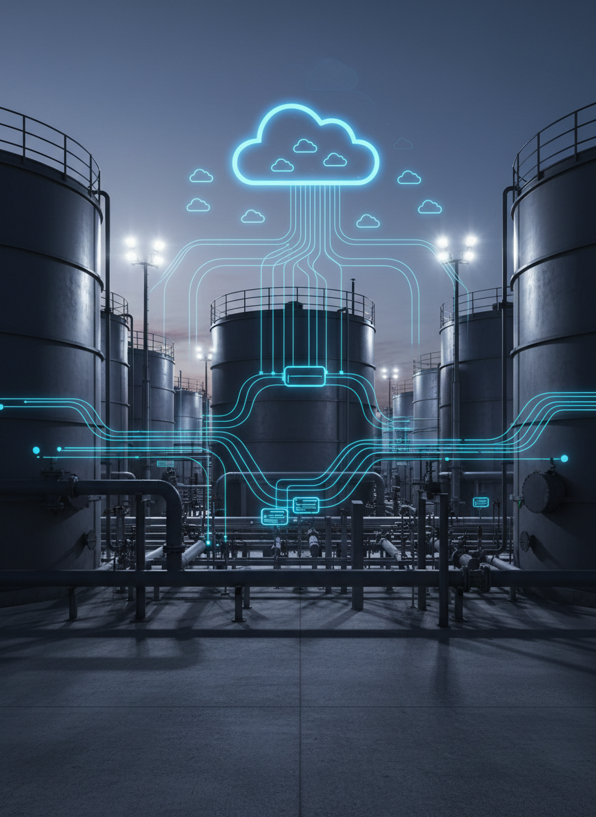 A detailed photographic realism scene showing an anthracite industrial tank farm at dusk, overlaid with semi-transparent graphical elements representing system integration: flow lines, small gateway boxes, and cloud connection icons in TECSON-blue connecting tanks to a stylized cloud cluster in the sky. Subtle glow effects trace along the connection paths to suggest real-time data transmission. The physical environment shows pipes, valves, and structural supports in sharp focus, illuminated by cool white floodlights that cast long, realistic shadows on the concrete ground. Shot from a slightly low angle to emphasize scale, the mood is robust and future-ready, underscoring seamless integration with industrial systems and SCADA environments without displaying any people or text.